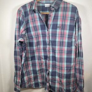Columbia Men's XXL Plaid Button-Down Long Sleeve Shirt Blue Pink Casual Outdoor